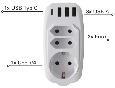 Mehrfachsteckdose mit 4x USB Ladefunktion - USB-C, USB-A