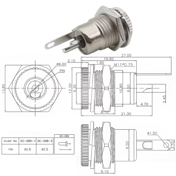 Preview: DC,Buchse,Einbau,Metall,Mutter,zentral,ohne,Schalt,kontakt,5,5,2,1,mm