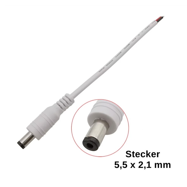DC,Anschlusskabel,5,5,2,1,mm,weiss,Kupplung,Stecker,Anschlussdrähte