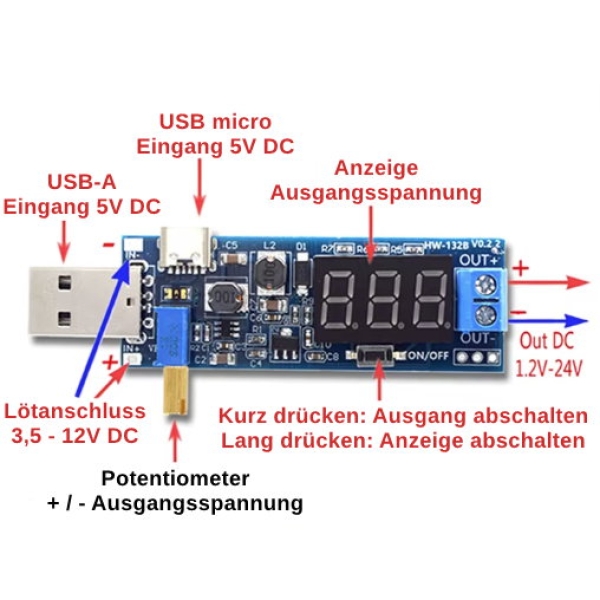 Spannungsmodul,Step-Up,Step-Down,USB,Spannungsregler,erhoehen,vergroessern,Platine