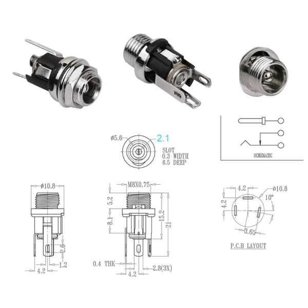 DC,Buchse,Einbau,Metall,Mutter,zentral,Schalt,kontakt,5,5,2,1,mm