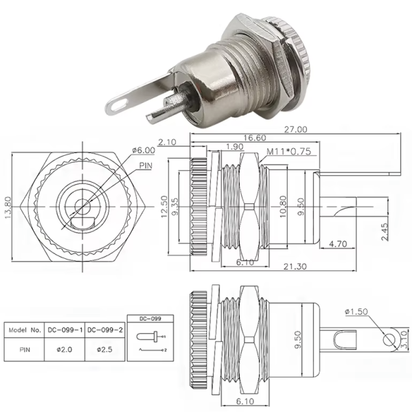 DC,Buchse,Einbau,Metall,Mutter,zentral,ohne,Schalt,kontakt,5,5,2,1,mm