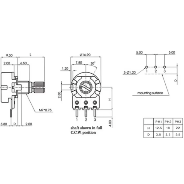 Potentiometer,Poti,5,k,Ohm,linear,klein,Steckachse,6,mm