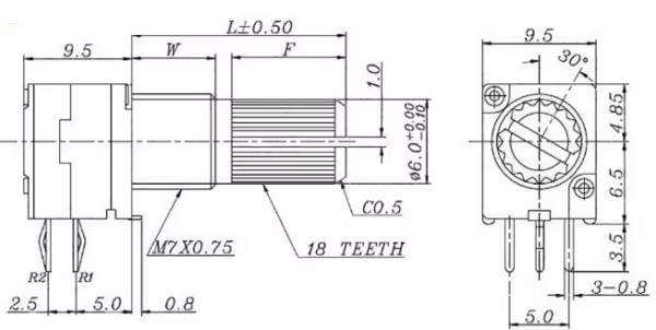 Potentiometer,Poti,stereo,1,k,Ohm,linear,klein,Steckachse,6,mm